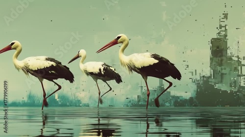 Storks walking in water
