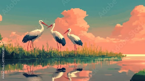 Storks on a lakeside shore