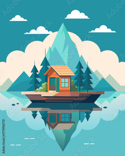 A picturesque floating house on a crystal clear lake providing the ultimate peaceful environment for productive remote work.. Vector illustration