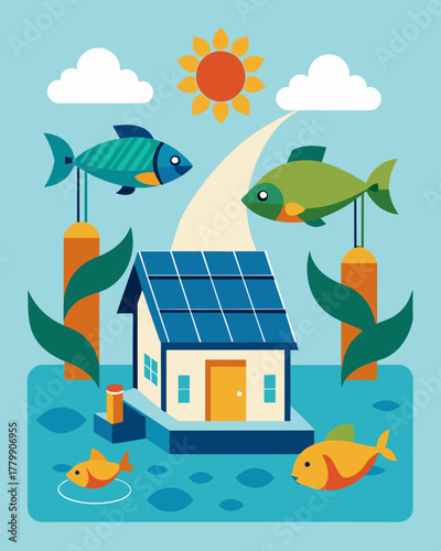 A familyowned aquaculture business utilizes solar energy to power the oxygenation and feeding systems for their tanks of tilapia and catfish.. Vector illustration