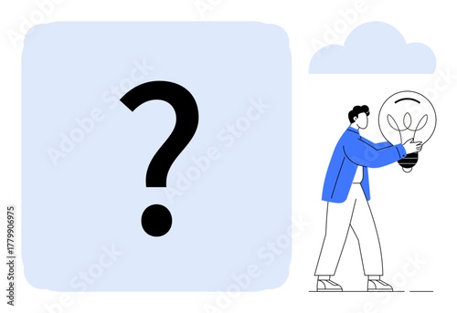 Person holding large light bulb approaches question mark, symbolizing innovation, problem-solving, ideas, knowledge. Ideal for creativity, learning, decision-making, curiosity brainstorming