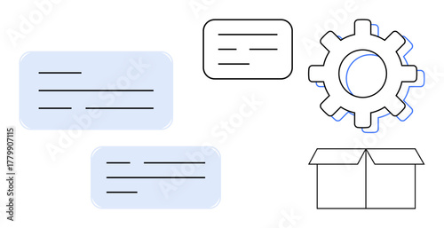 Two text boxes, gear, and open box represent collaboration, process automation, communication, delivery, system optimization, business solutions and innovation. Ideal for project management