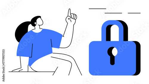 Seated individual gesturing upward toward a padlock, symbolizing online security, data protection, and access control. Ideal for technology, privacy, cybersecurity, safety, education awareness