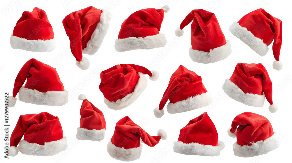 Fototapeta premium Set of Santa Claus red hats. Set of red Santa Claus hats isolated on white background