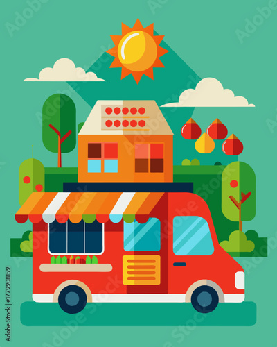 A colorful food truck market powered entirely by solar panels offering a diverse array of cuisines from around the world.. Vector illustration