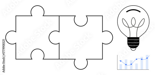 Puzzle pieces interlocking, light bulb representing ideas, and line graph denoting growth. Ideal for teamwork, innovation, strategy, problem-solving, brainstorming, planning education simple flat