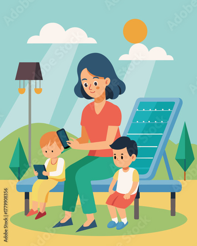 A busy mom takes a breather on a solarpowered bench at the playground charging her phone while keeping an eye on her kids as they play.. Vector illustration