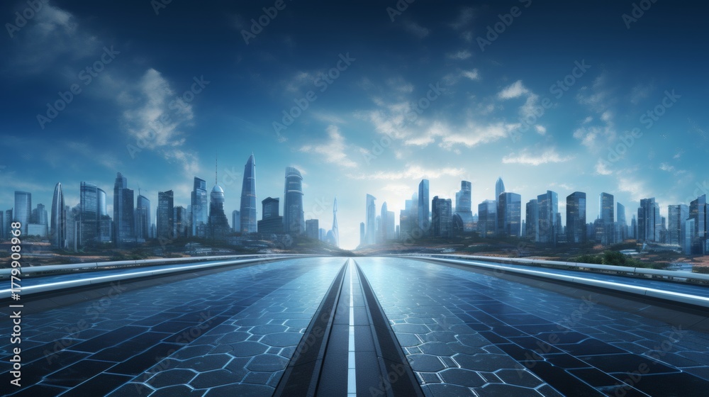 Fototapeta premium Futuristic highway leading to a modern city skyline under a bright blue sky