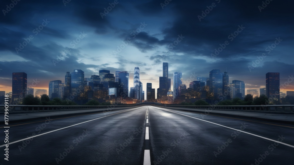 Obraz premium Empty highway leading towards a modern city skyline at dusk