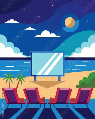 A beachside cinema with a stunning ocean view powered by solar energy and offering cozy beach chairs and blankets for a unique moviewatching experience.. Vector illustration