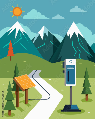 A hiking trailhead features a solarpowered charging station encouraging hikers to safely take their devices with them on their nature excursions without worrying about battery. Vector illustration