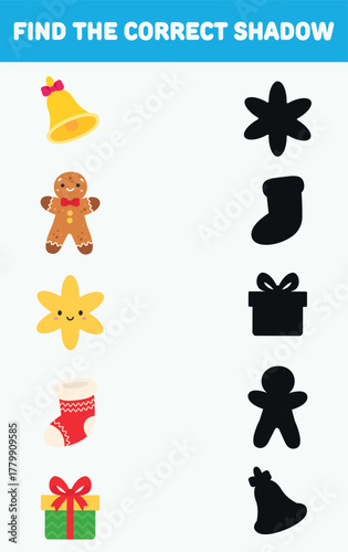 Find the correct shadow. Christmas elements. Isolated background. Vector cartoon illustration.