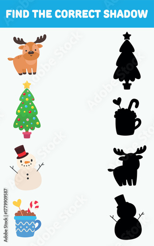 Find the correct shadow. Christmas elements. Isolated background. Vector cartoon illustration.