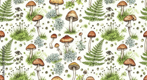 Seamless Forest Mushroom and Fern Botanical Pattern Illustration