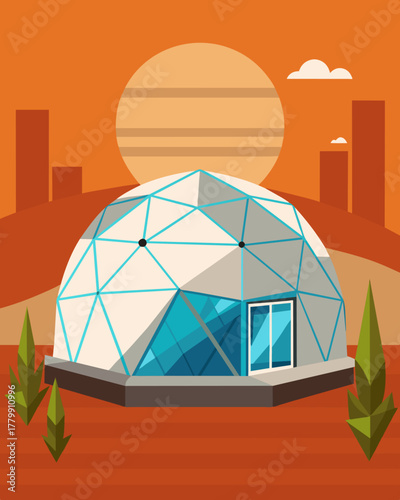 A geodesic dome house in the middle of the desert kept cool and comfortable with the help of solargenerated electricity.. Vector illustration