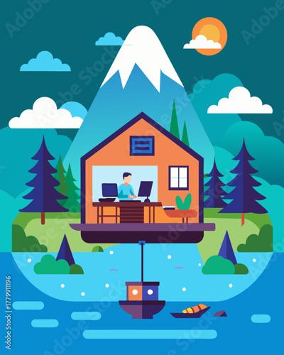 A picturesque workfromhome setup with a floating cabin providing the perfect backdrop for video calls and virtual meetings.. Vector illustration