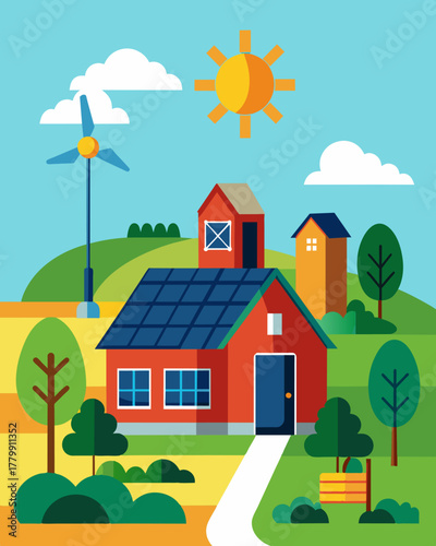 A family farm protected by a solarpowered security system allowing the owners to keep an eye on their property even during a power outage.. Vector illustration