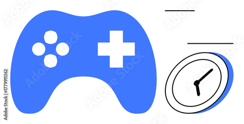 Blue gaming controller paired with a clock symbolizes leisure, time control, productivity, play, focus, and digital balance. Ideal for gaming, time tracking, scheduling lifestyle mindfulness
