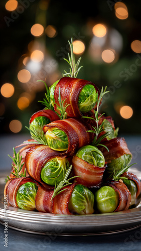 Christmas tree appetizer made of Brussels sprouts wrapped in bacon, festive holiday food.