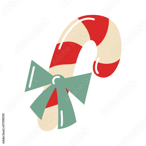 Flat style candy cane with green bow. Festive icon. Hand drawn vector isolated illustration.