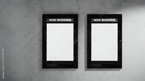 Modern cinema 'NOW SHOWING' frames on concrete wall, perfect for dynamic movie trailers or event promotions