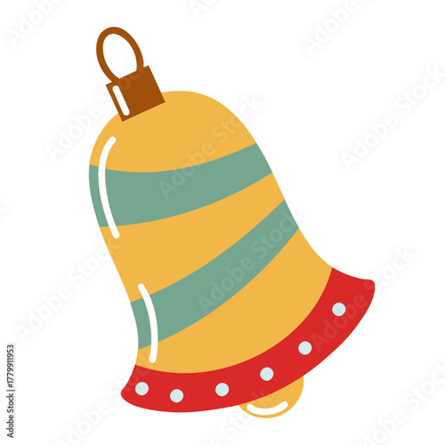 Flat style golden Christmas bell with red and green stripes. Festive icon. Hand drawn vector isolated illustration.