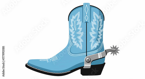 Detailed blue cowboy boot with decorative stitching and a silver spur, isolated western vector illustration