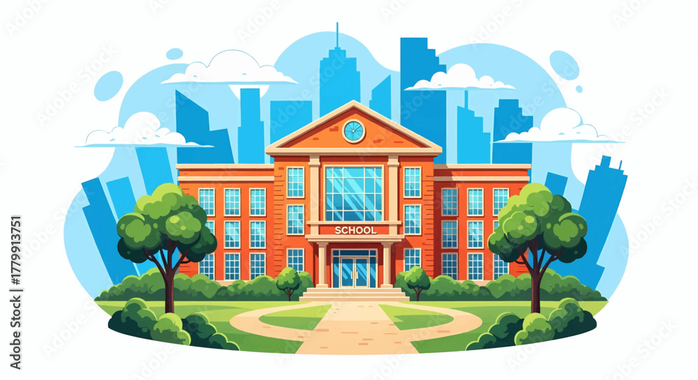 Fototapeta premium Classic school or university building with a green lawn and trees against a city skyline vector illustration