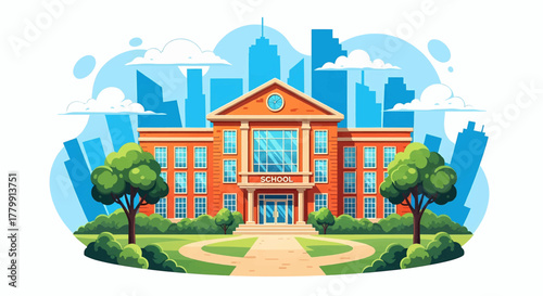 Classic school or university building with a green lawn and trees against a city skyline vector illustration