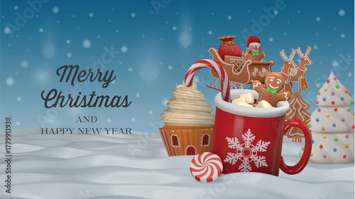 christmas card with sweets and gingerbread man in a hot chocolate cup on winter landscape. christmas background with fantasy sweets landscape