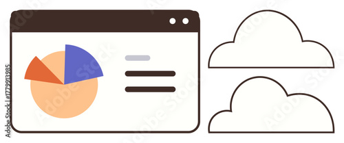 Browser tab displaying a pie chart and data indicators, flanked by two cloud icons. Ideal for cloud technology, analytics, data management, SaaS, business strategy, online tools, simple flat metaphor