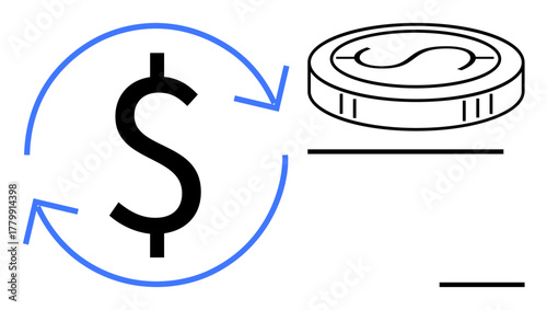 Dollar sign encircled by arrows symbolizing money flow, paired with a coin. Ideal for finance, economy, banking, investment, budgeting, cash flow trade. Clean simple flat metaphor