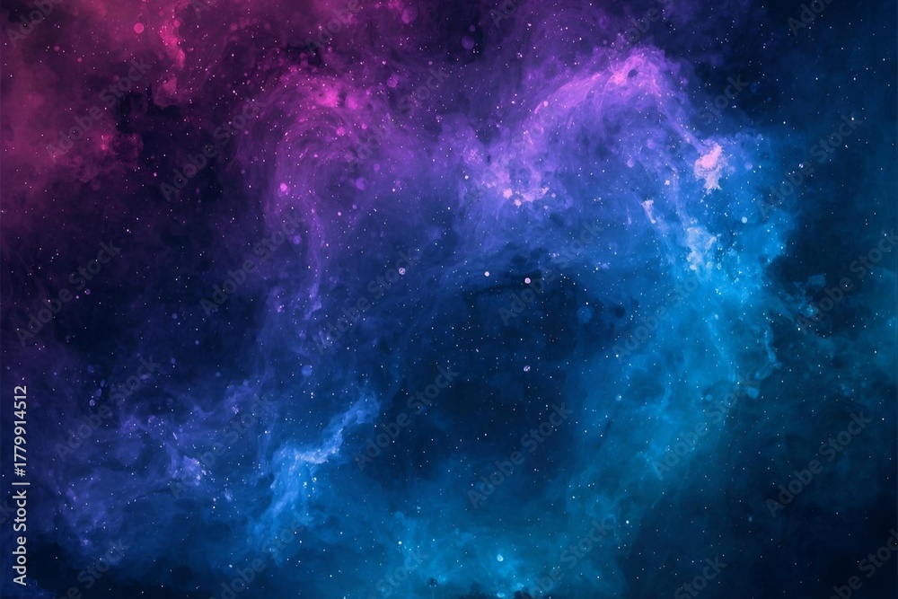 Fototapeta premium Mystique cosmos illustration with a blend of deep blues, purples, and pinks, creating a nebula-like effect. Sparkling stars dot the scene, enhancing the celestial theme. 
