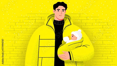 a cartoonish illustration of a man and a child wearing bright yellow coats against a bright yellow background