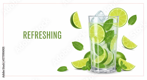 A fresh summer mojito drink with lime and mint leaves on a white background, a detailed vector illustration
