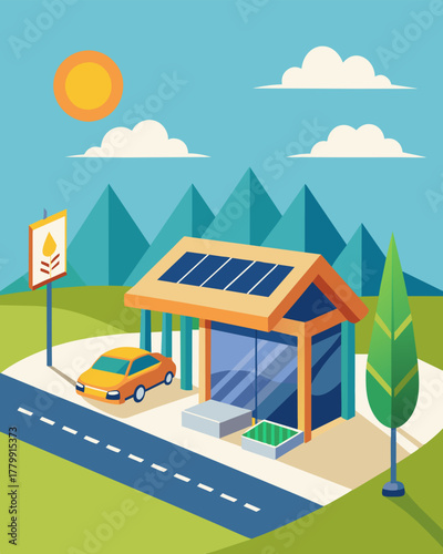 A highway rest stop now boasts a solarpowered public reducing its carbon footprint while offering a necessary amenity for travelers.. Vector illustration