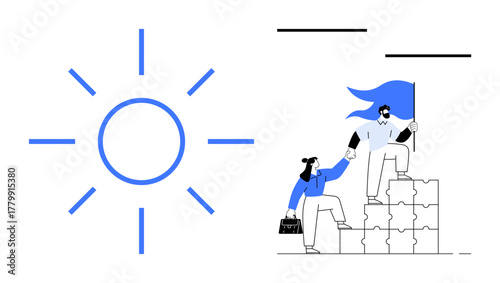 Sun icon paired with a scene of a leader helping a teammate climb puzzle blocks while holding a flag. Ideal for leadership, support, teamwork, guidance, growth, motivation, simple flat metaphor