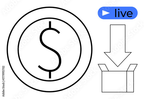 Dollar sign inside a circle, live streaming icon, and arrow pointing to an open box. Ideal for finance, e-commerce, streaming, content delivery, packaging monetization simplicity. Minimalistic flat