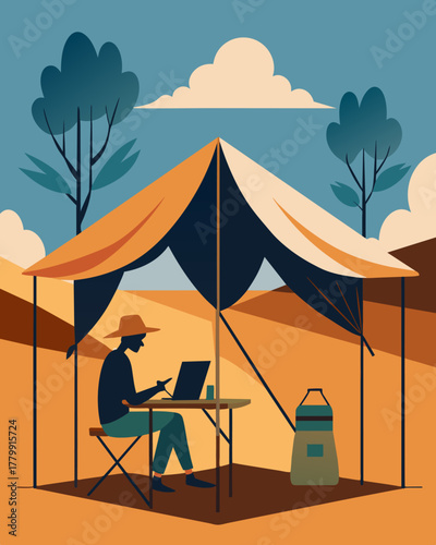 A canvas canopy provides shade as I comfortably work from my tents porch watching the everchanging patterns of sunlight and shadows on the savannah.. Vector illustration