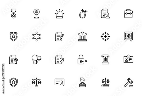 Law and Justice icon set. Minimalist vector icons pak. Includes symbols for poice, contract, law, handcuf, shield, target, documen and more. Editable stroke