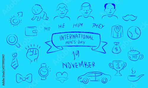 Hand drawn doodle icons of men, moustache, tie, trophy, watch, and car for  International Men’s Day (19 November)  and Movember campaign promoting equality, strength, and awareness (Isolated)