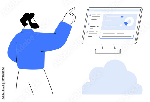 Businessman pointing to data visualization on computer monitor, with cloud below. Ideal for technology, cloud computing, analytics, data management, business strategy, remote work, modern tech