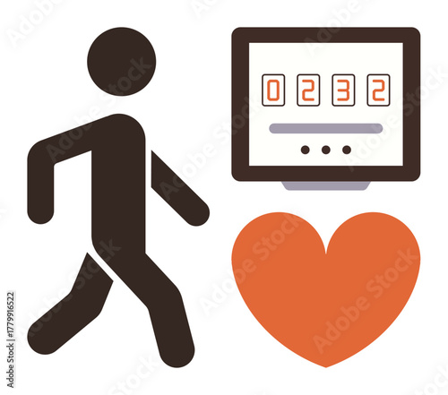 Walking figure beside a digital step counter and orange heart, reflecting fitness goals, health tracking, and cardiology care. Ideal for wellness, exercise, health apps, fitness goals, healthy