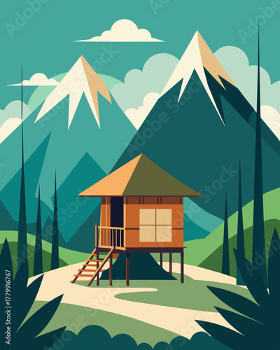 A minimalist bamboo cabin tucked away in the mountains providing the perfect balance of solitude and connectivity for remote work.. Vector illustration