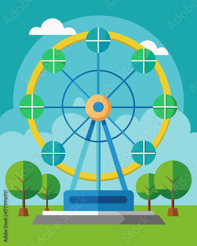 A Ferris wheel rotating with the help of solar energy offering panoramic views of the surrounding greenery.. Vector illustration