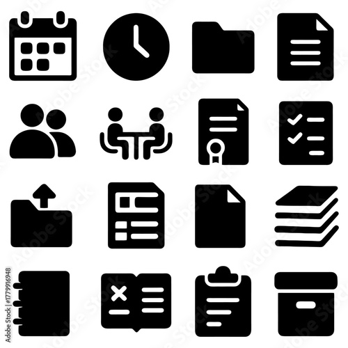 Simplified Business Icons: A collection of concise black icons that represent various aspects of business.