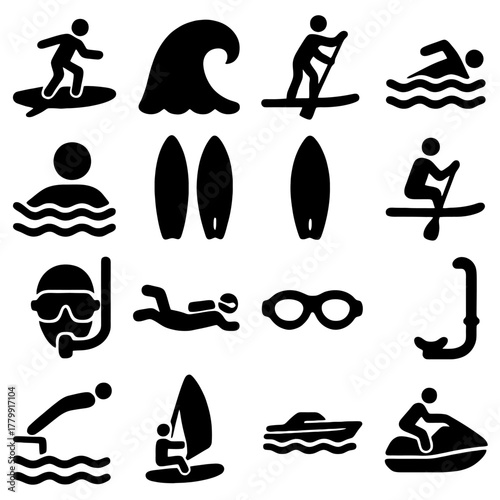 Water sports Icons Set: A comprehensive collection of iconic symbols representing a variety of water sports, perfect for illustrating the thrill and excitement of aquatic activities.
