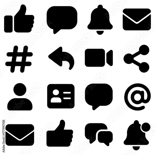 Iconic Communication Elements: A collection of black and white icons representing fundamental communication elements. Perfect for web design, app interfaces, and digital platforms.