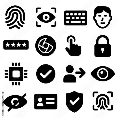 Biometric Security Icons: A modern collection of concise icons representing various facets of biometric security