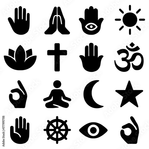 Sacred Symbols Collection: A collection of various sacred and spiritual symbols, including hand gestures, a sun, and a cross, evokes a sense of deep spiritual connection.